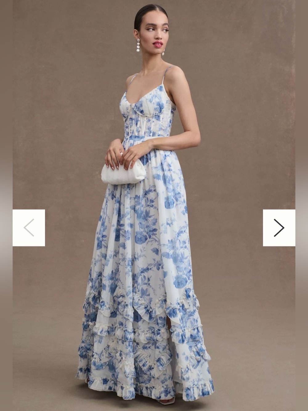 V. Chapman Carmen Corset Front-Slit Ruffled Gown Sz 4 Provencal Blue Floral NWT